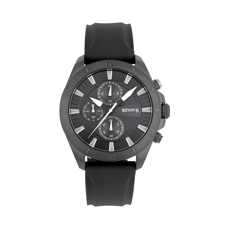 Reloj Kevins analogo, para Hombre, tablero redondo colores negro y plateado, estilo index, pulso silicona color negro, cronografo