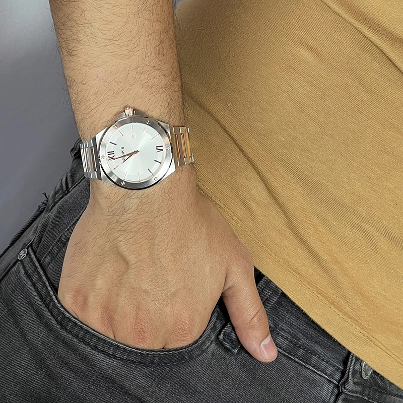 Reloj Kevins analogo, para Hombre, tablero redondo colores gris, plateado y rosa, estilo index, pulso acero color plateado