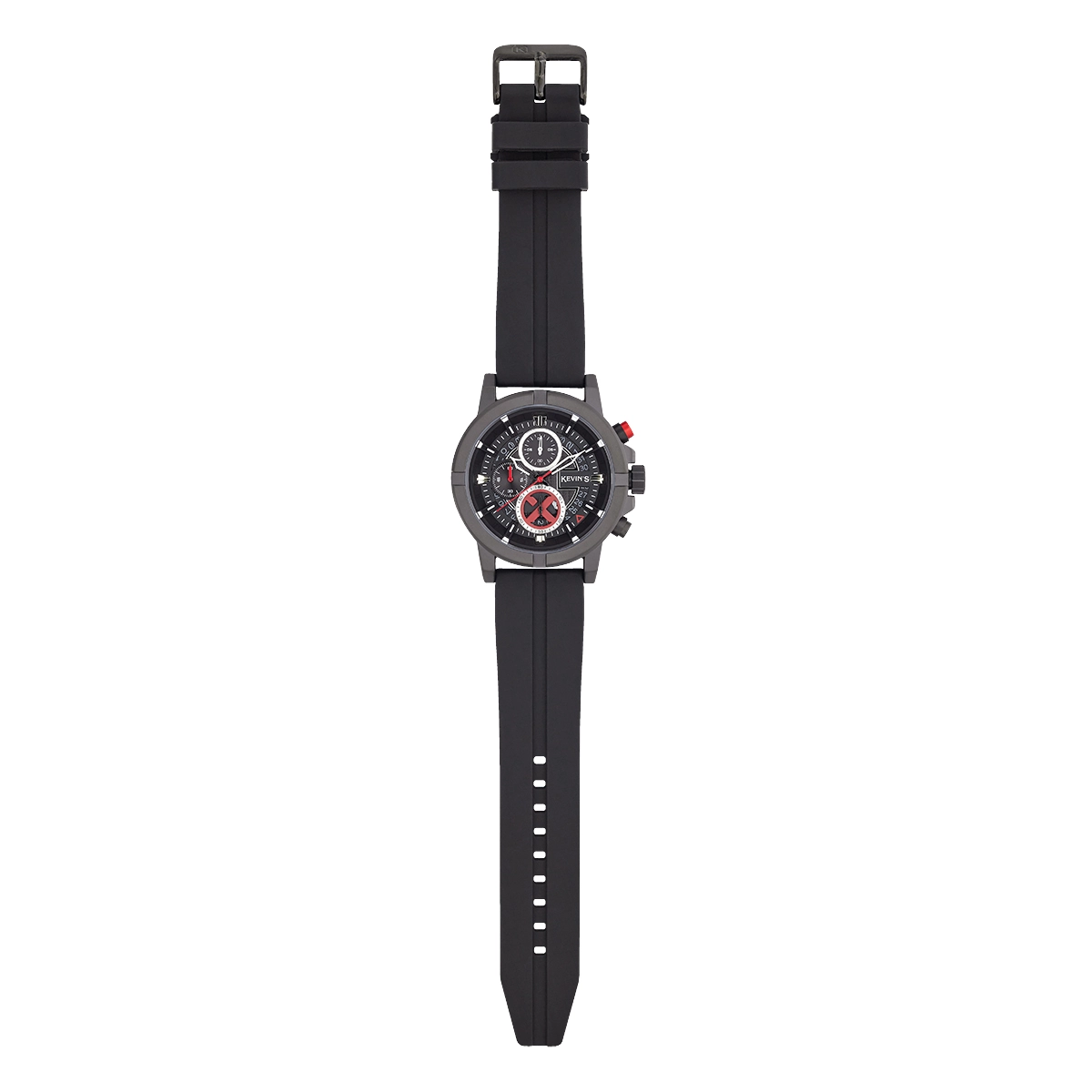 Reloj Kevins analogo, para Hombre, tablero redondo colores negro y rojo, estilo index, pulso silicona color negro, calendario, cronografo