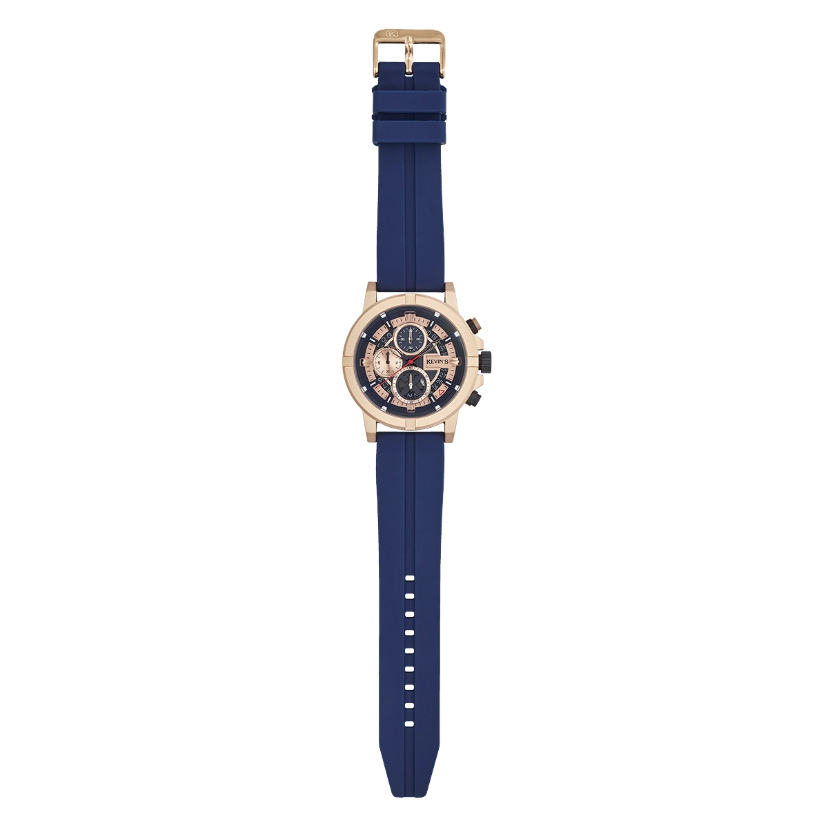 Reloj Kevins analogo, para Hombre, tablero redondo colores azul y rosa, estilo index, pulso silicona color azul, calendario, cronografo