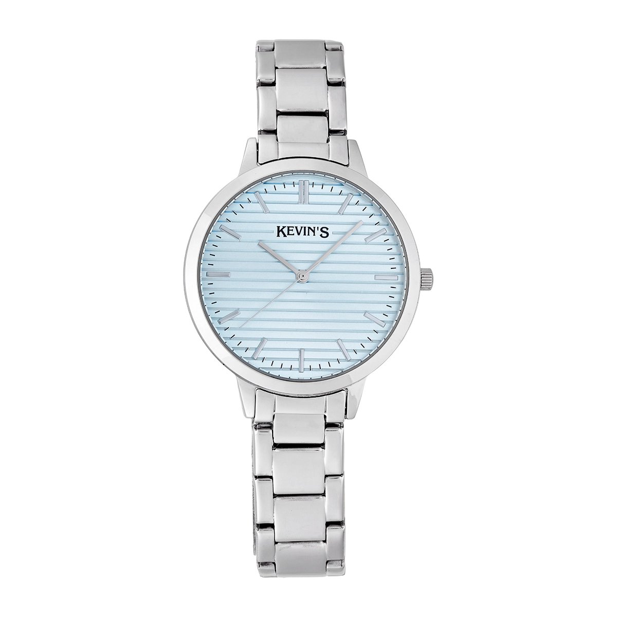 Reloj Kevins analogo, para Dama, tablero redondo color azul, estilo index, pulso acero color plateado