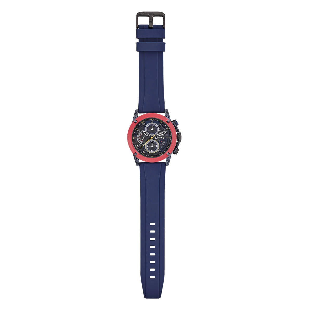 Reloj Kevins analogo, para Hombre, tablero redondo colores negro y dorado, estilo index, pulso silicona color azul, calendario, cronografo