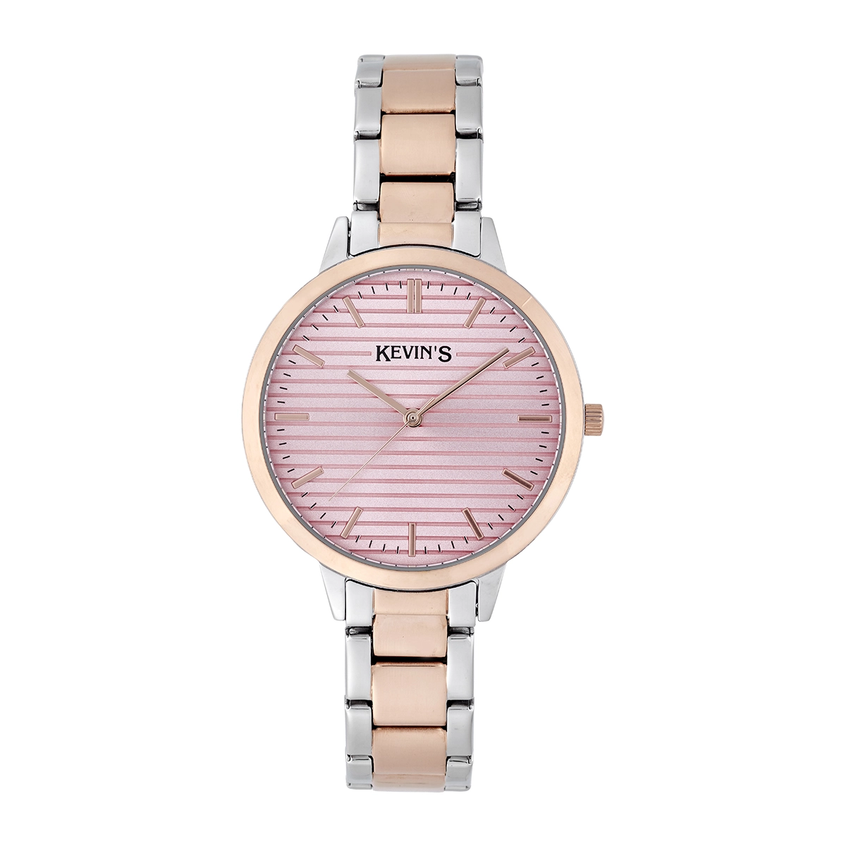 Reloj Kevins analogo, para Dama, tablero redondo color rosado, estilo index, pulso acero colores plateado y rosa