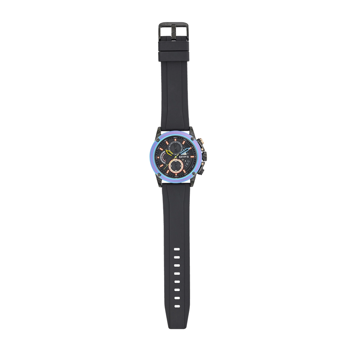 Reloj Kevins analogo, para Hombre, tablero redondo colores negro y rosa, estilo index, pulso silicona color negro, calendario, cronografo