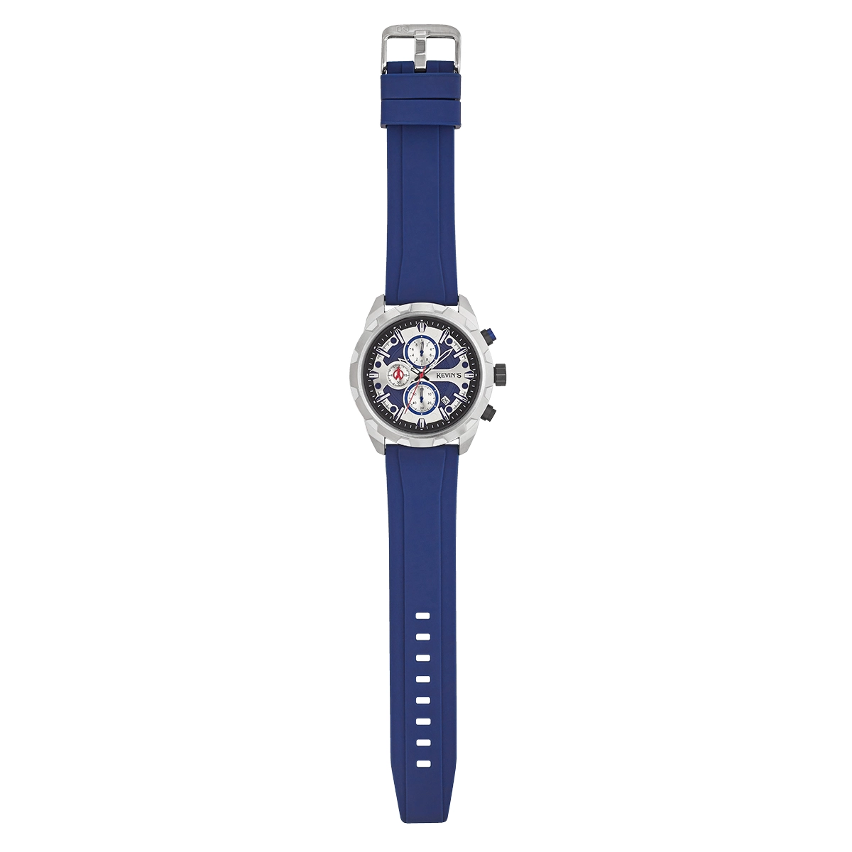 Reloj Kevins analogo, para Hombre, tablero redondo colores plateado y azul, estilo index + puntos, pulso silicona color azul, calendario, cronografo