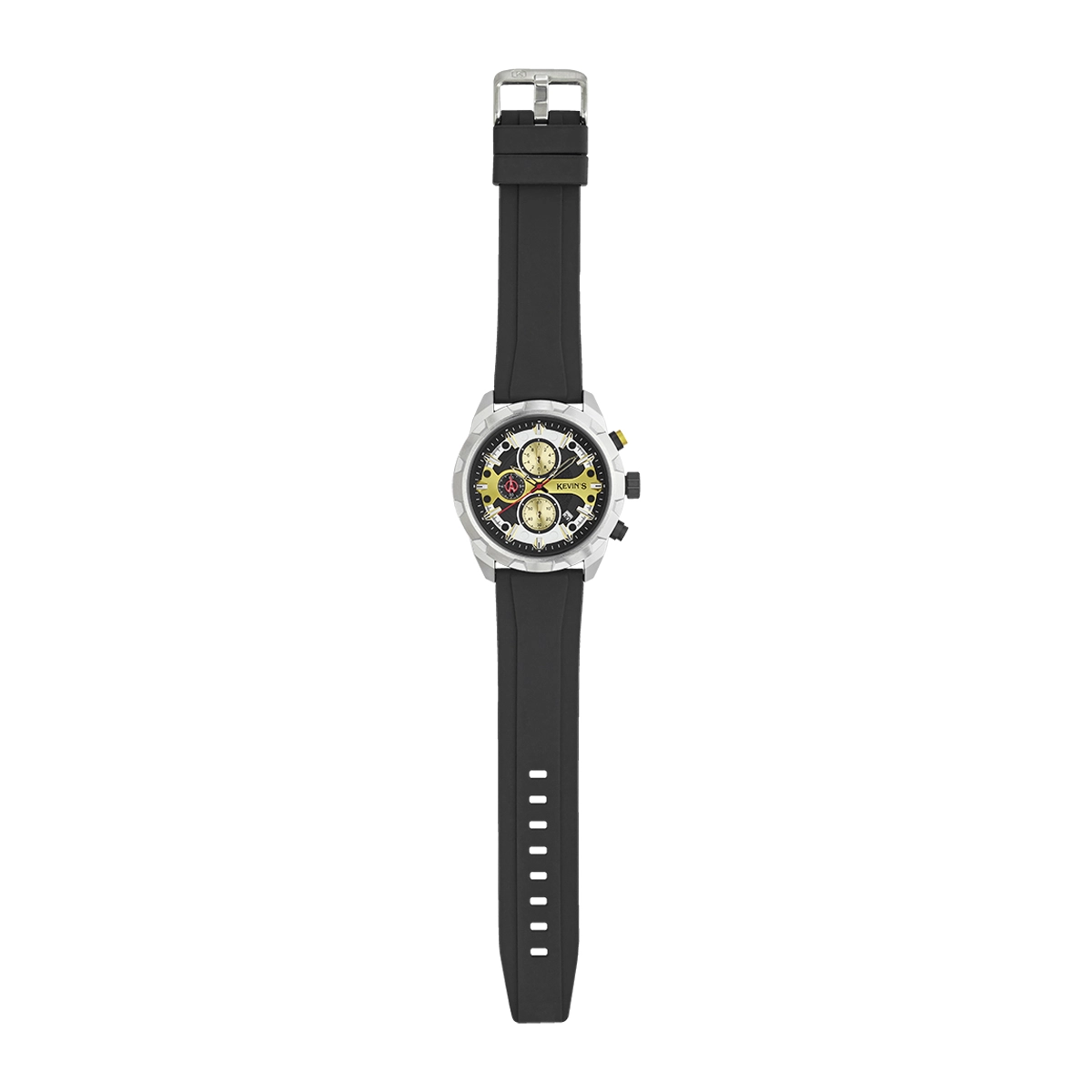 Reloj Kevins analogo, para Hombre, tablero redondo colores dorado y negro, estilo index + puntos, pulso silicona color negro, calendario, cronografo