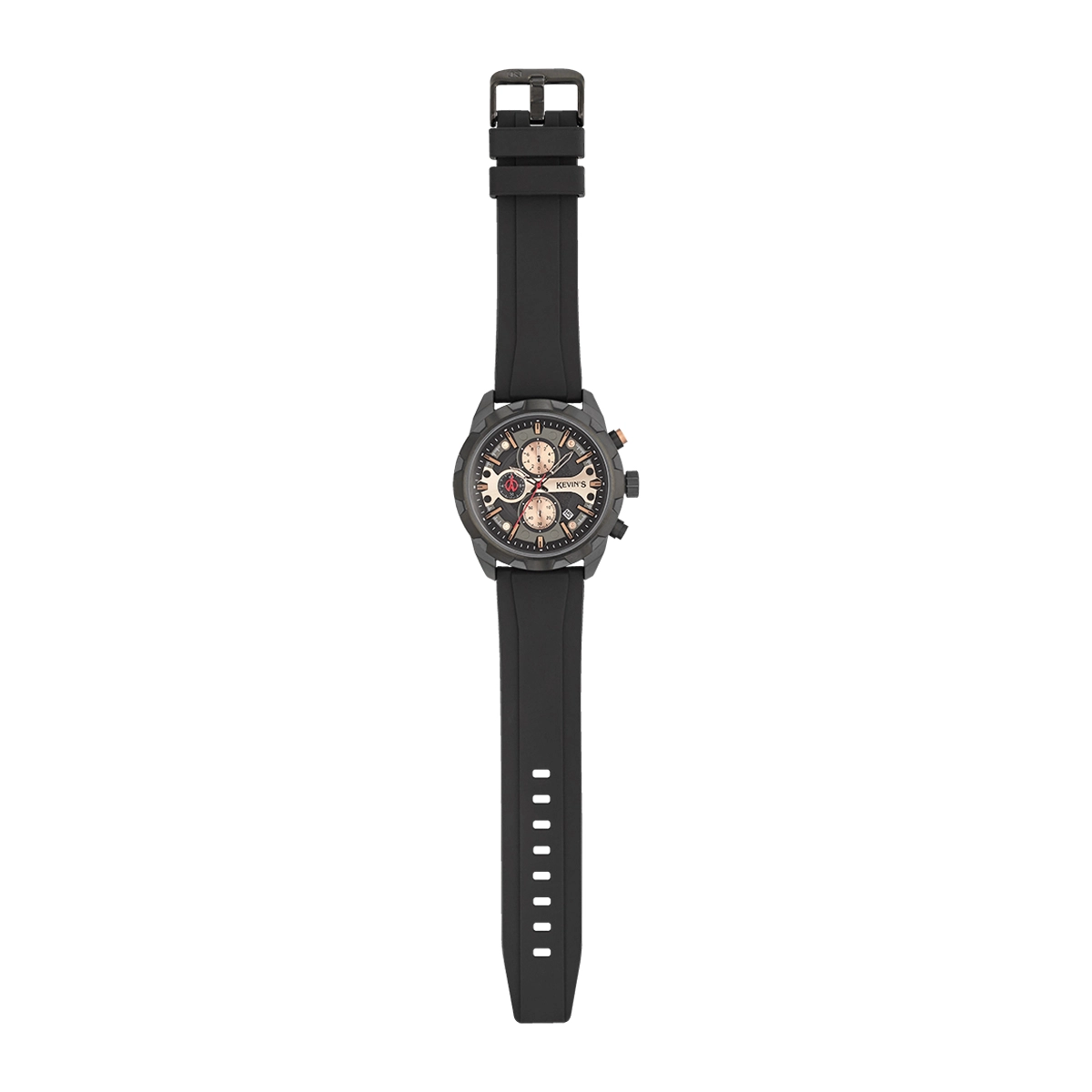 Reloj Kevins analogo, para Hombre, tablero redondo colores negro y rosa, estilo index + puntos, pulso silicona color negro, calendario, cronografo