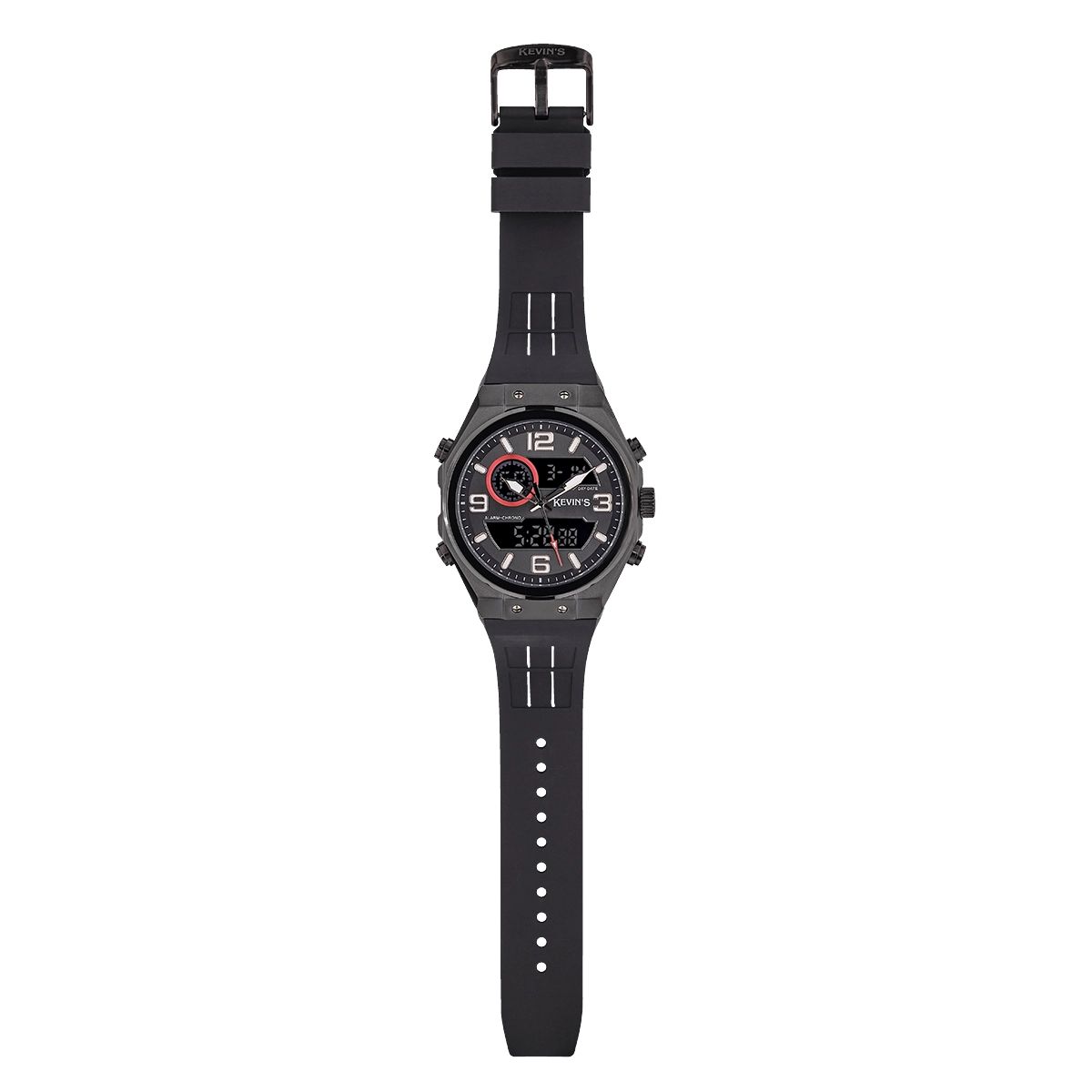 Reloj Kevins analogo y digital, para Hombre, tablero redondo colores negro y rojo, estilo index + arabigo, pulso silicona color negro, calendario