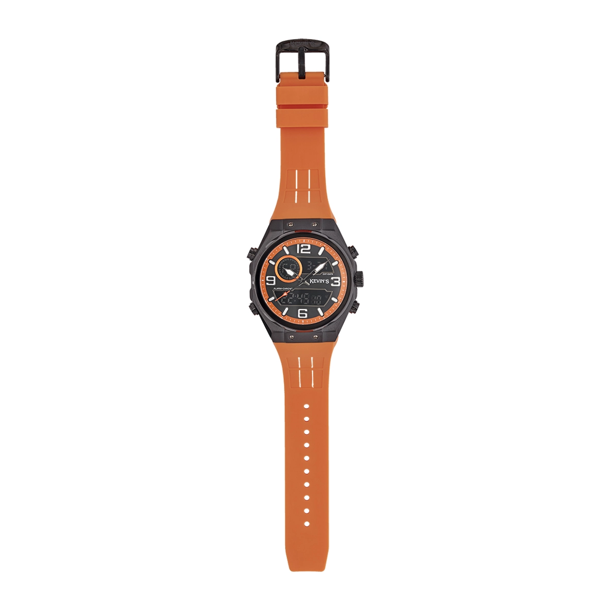 Reloj Kevins analogo y digital, para Hombre, tablero redondo colores negro y naranja, estilo index + arabigo, pulso silicona color naranja, calendario