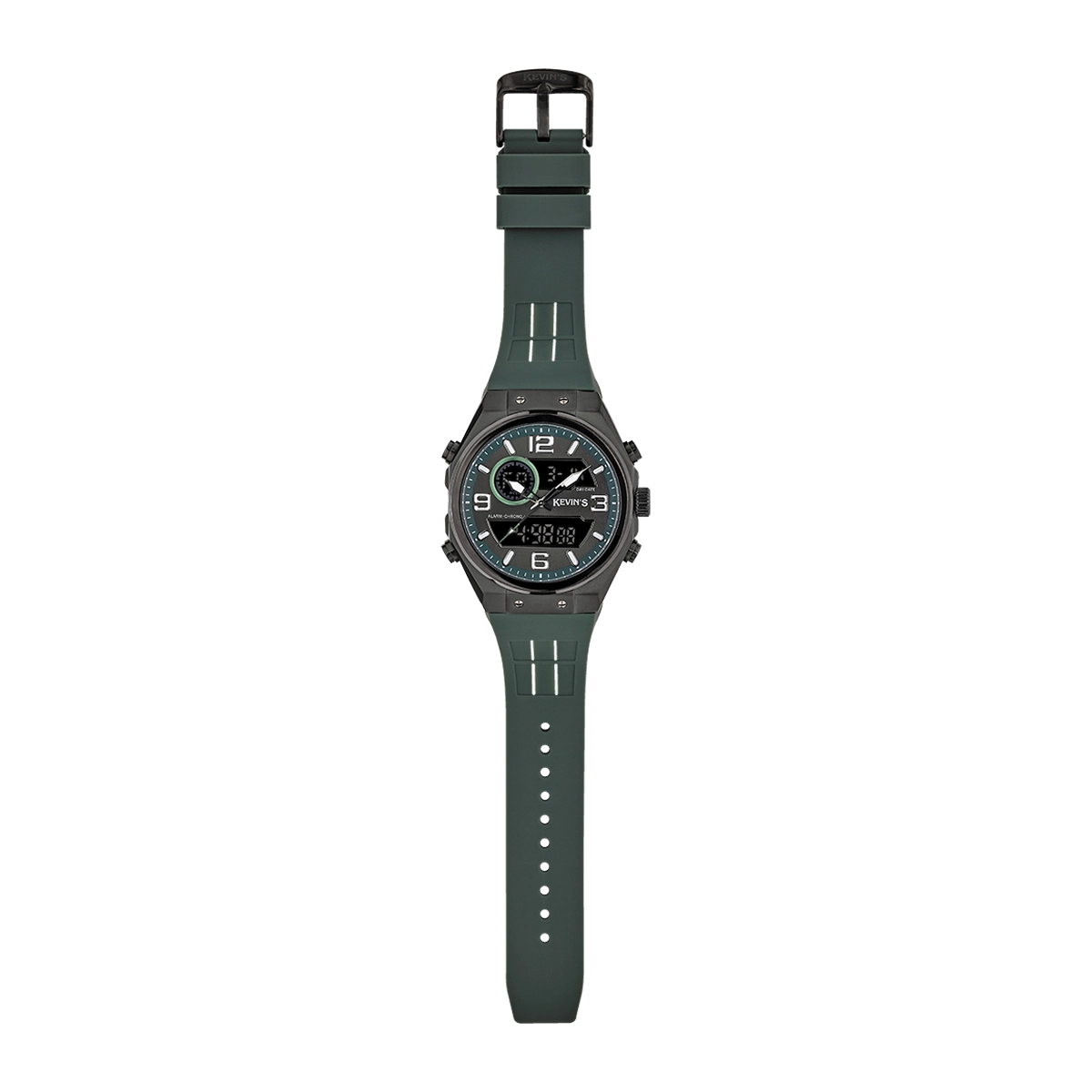 Reloj Kevins analogo y digital, para Hombre, tablero redondo color verde, estilo index + arabigo, pulso silicona color verde, calendario