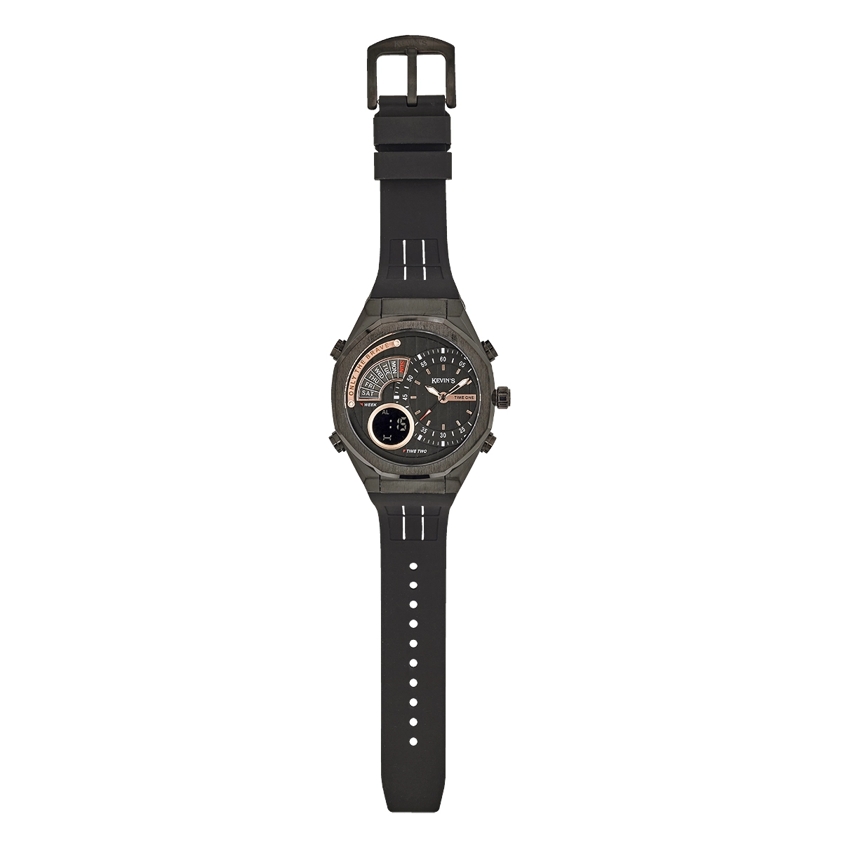 Reloj Kevins analogo y digital, para Hombre, tablero redondo colores negro y rosa, estilo index, pulso silicona color negro