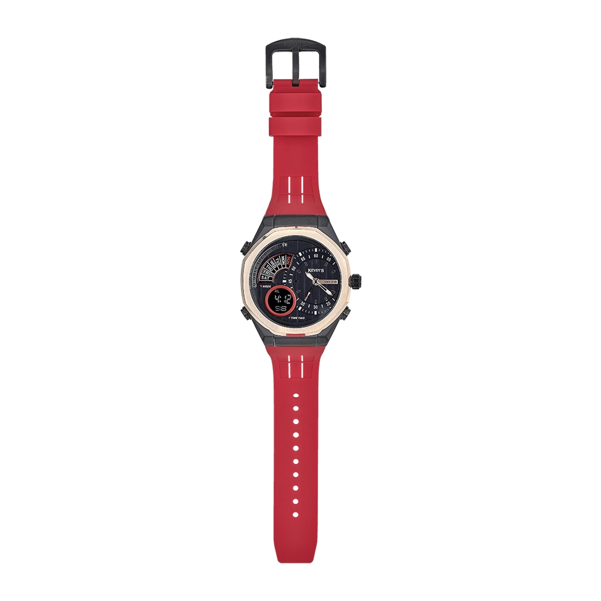 Reloj Kevins analogo y digital, para Hombre, tablero redondo colores negro y rojo, estilo index, pulso silicona color rojo