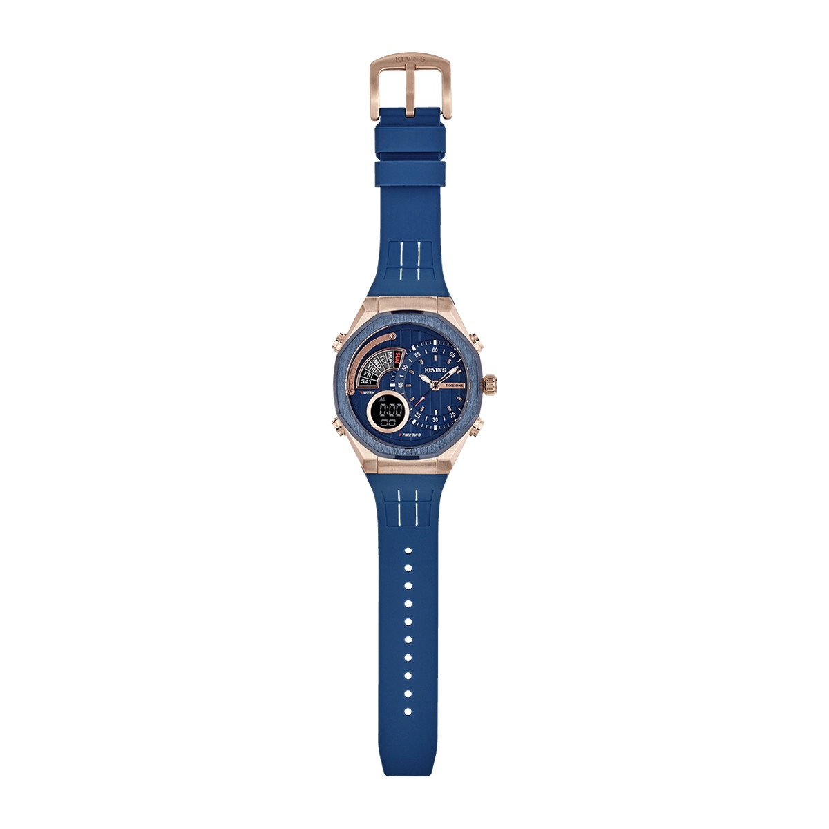Reloj Kevins analogo y digital, para Hombre, tablero redondo colores azul y rosa, estilo index, pulso silicona color azul