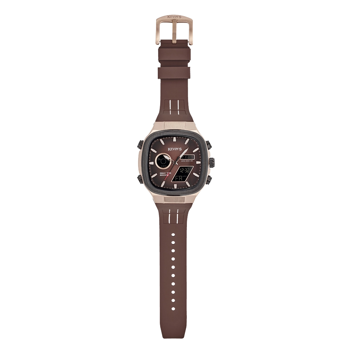 Reloj Kevins analogo y digital, para Hombre, tablero cuadrado colores café y rosa, estilo index, pulso silicona color café, calendario