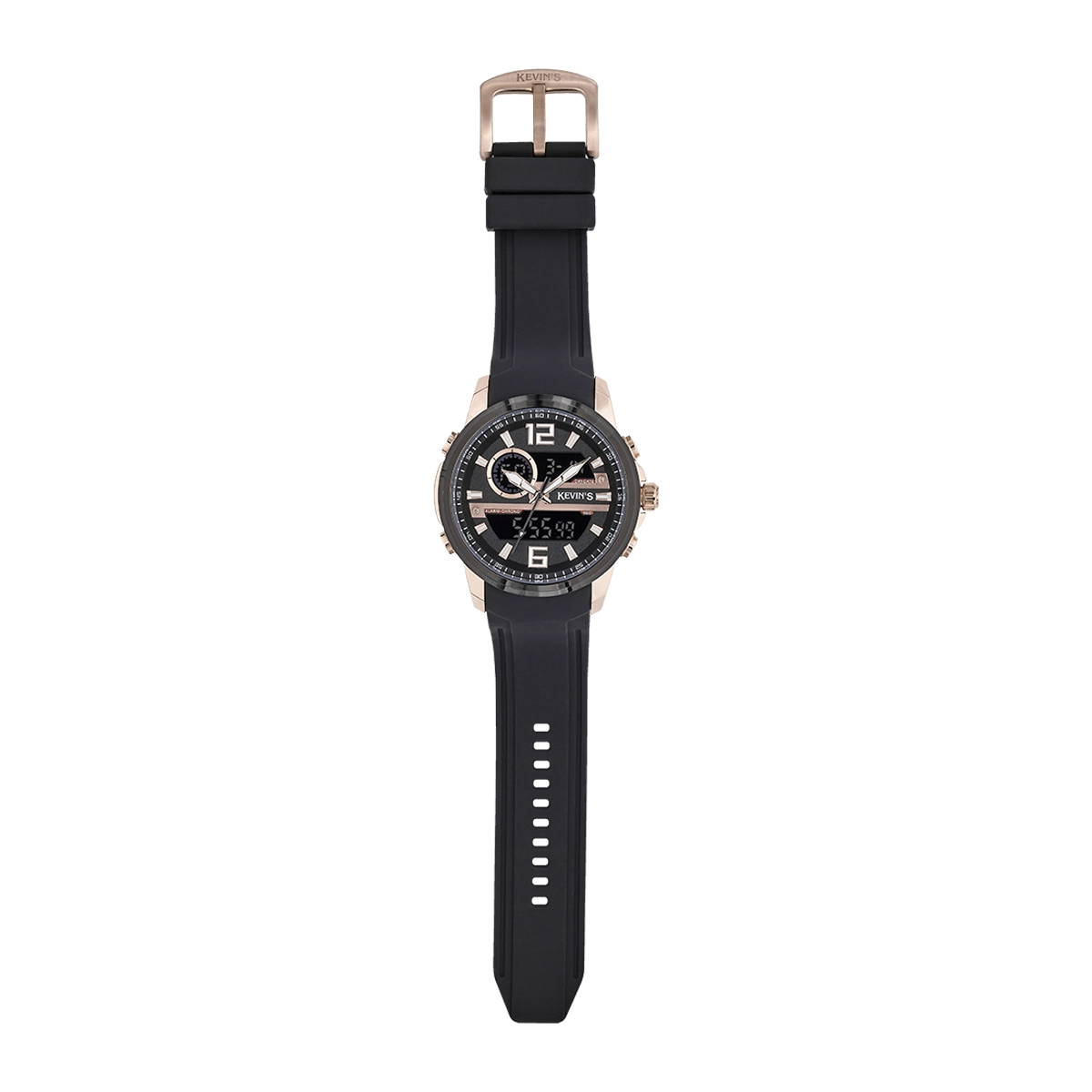 Reloj Kevins analogo y digital, para Hombre, tablero redondo colores negro y rosa, estilo index + arabigo, pulso silicona color negro, calendario