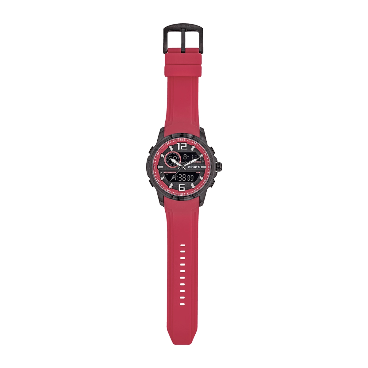Reloj Kevins analogo y digital, para Hombre, tablero redondo colores negro y rojo, estilo index + arabigo, pulso silicona color rojo, calendario