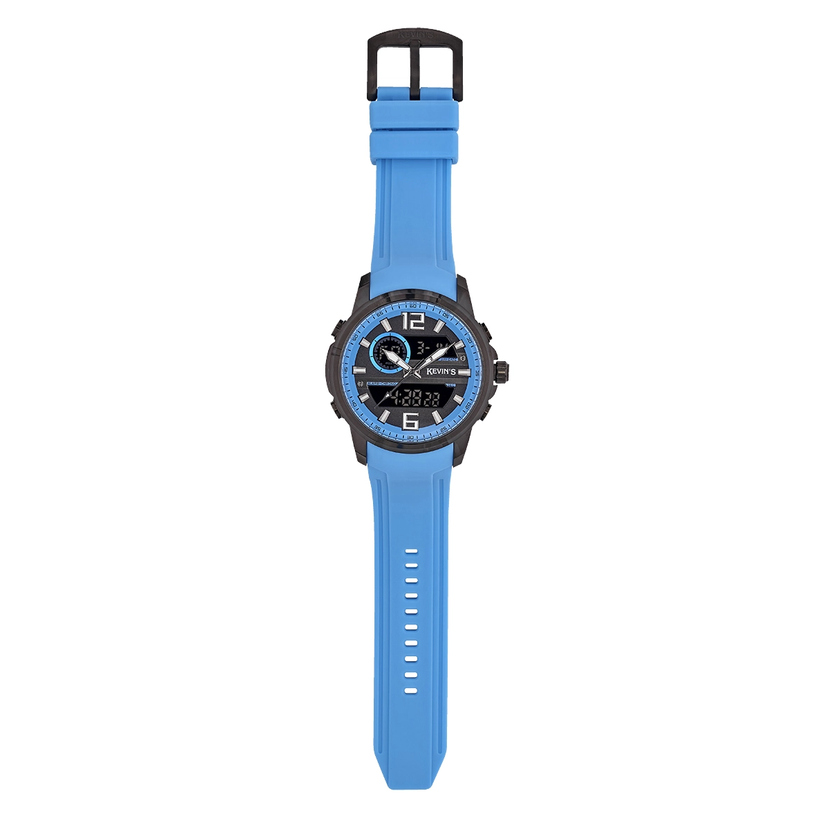 Reloj Kevins analogo y digital, para Hombre, tablero redondo colores negro y azul, estilo index + arabigo, pulso silicona color azul, calendario