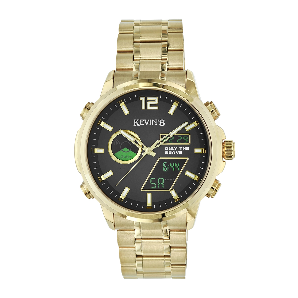 Reloj Kevins analogo y digital, para Hombre, tablero redondo colores negro y dorado, estilo index + arabigo, pulso metalico color dorado, calendario