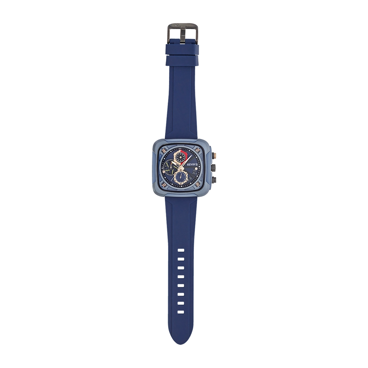 Reloj Kevins analogo, para Hombre, tablero cuadrado colores azul y rosa, estilo puntos, pulso silicona color azul, calendario, cronografo