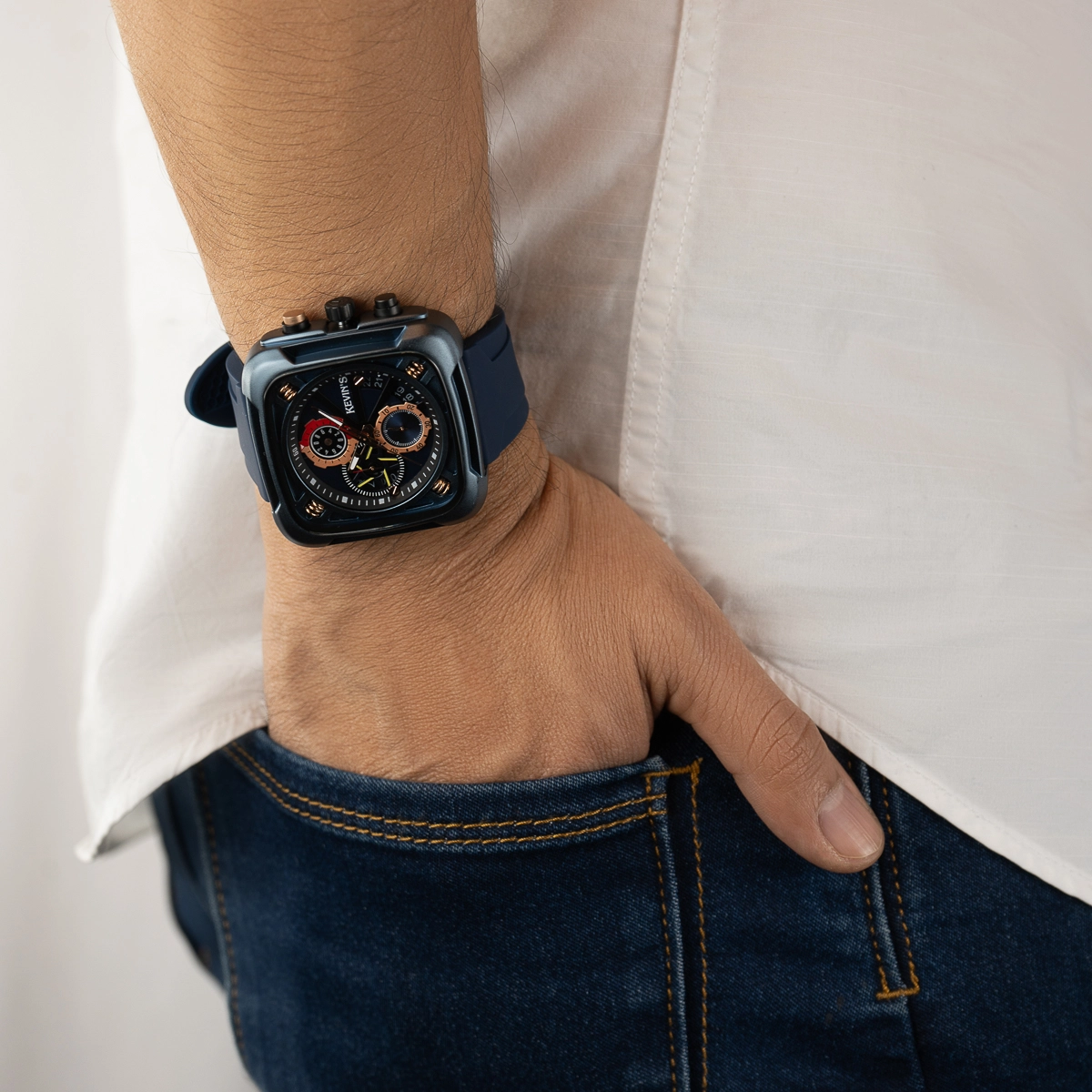 Reloj Kevins analogo, para Hombre, tablero cuadrado colores azul y rosa, estilo puntos, pulso silicona color azul, calendario, cronografo