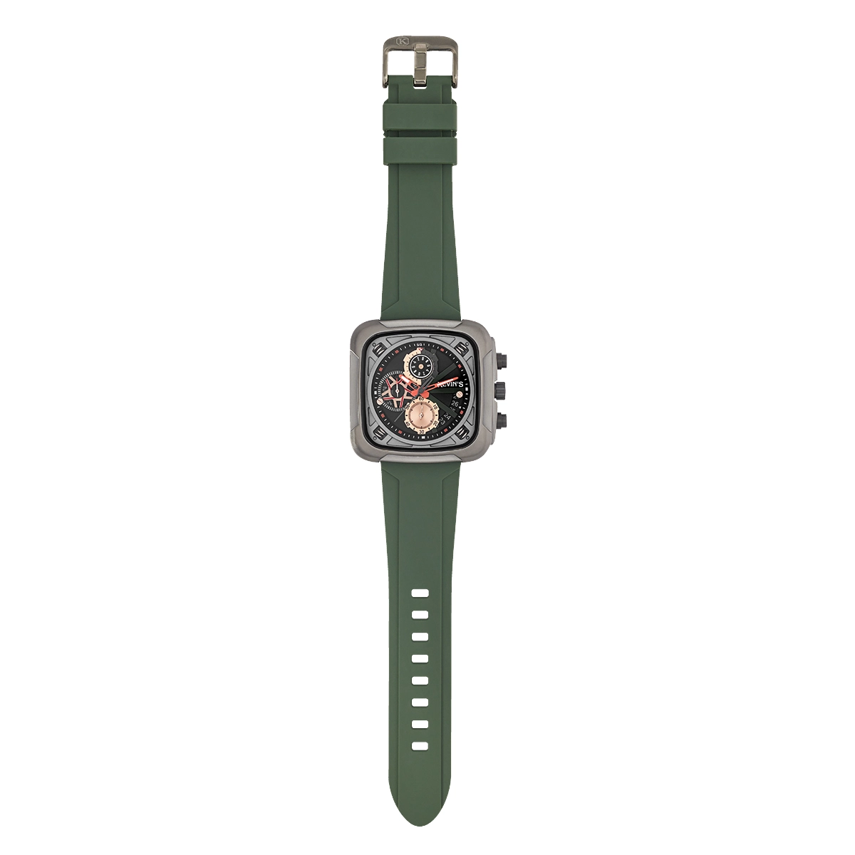 Reloj Kevins analogo, para Hombre, tablero cuadrado colores negro y rosa, estilo puntos, pulso silicona color verde, calendario, cronografo