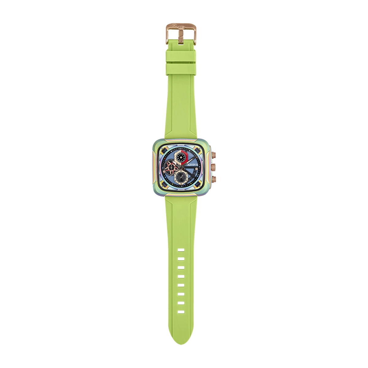 Reloj Kevins analogo, para Hombre, tablero cuadrado colores azul y rosa, estilo puntos, pulso silicona color verde, calendario, cronografo