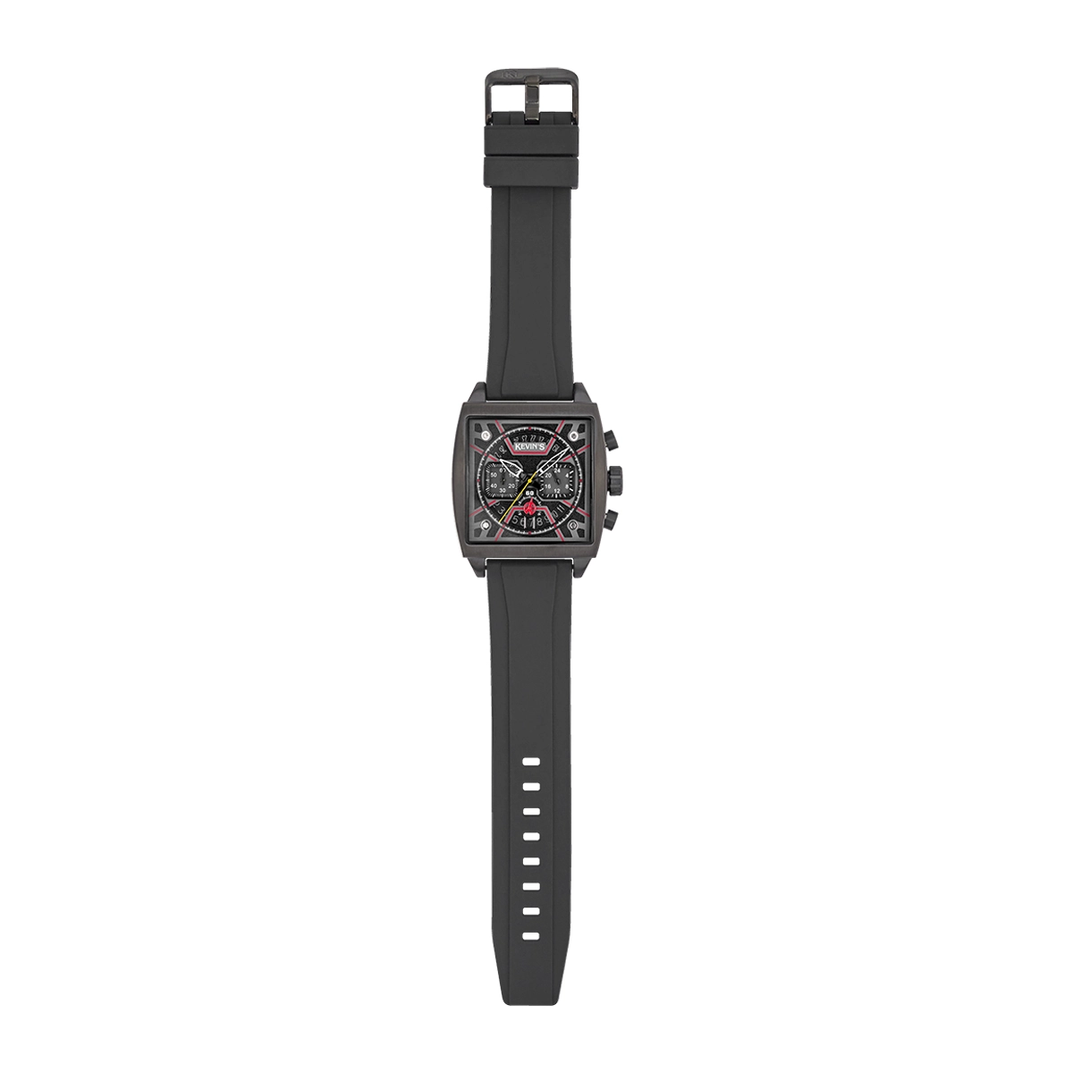 Reloj Kevins analogo, para Hombre, tablero cuadrado colores negro y rojo, estilo index, pulso silicona color negro, calendario, cronografo