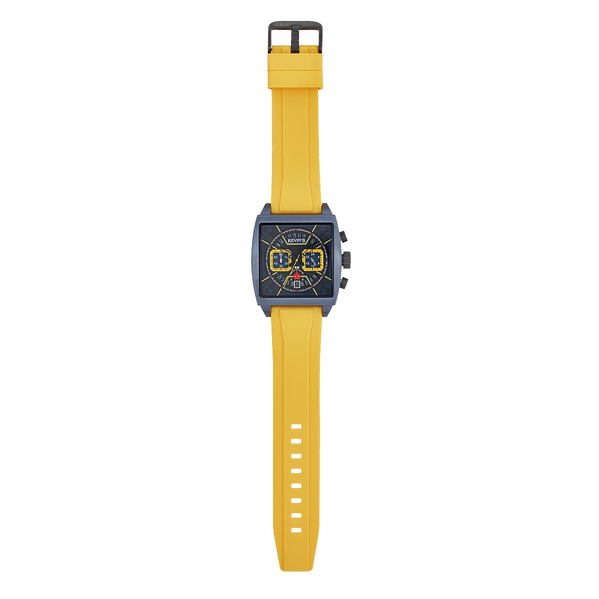 Reloj Kevins analogo, para Hombre, tablero cuadrado colores negro y amarillo, estilo index, pulso silicona color amarillo, calendario, cronografo