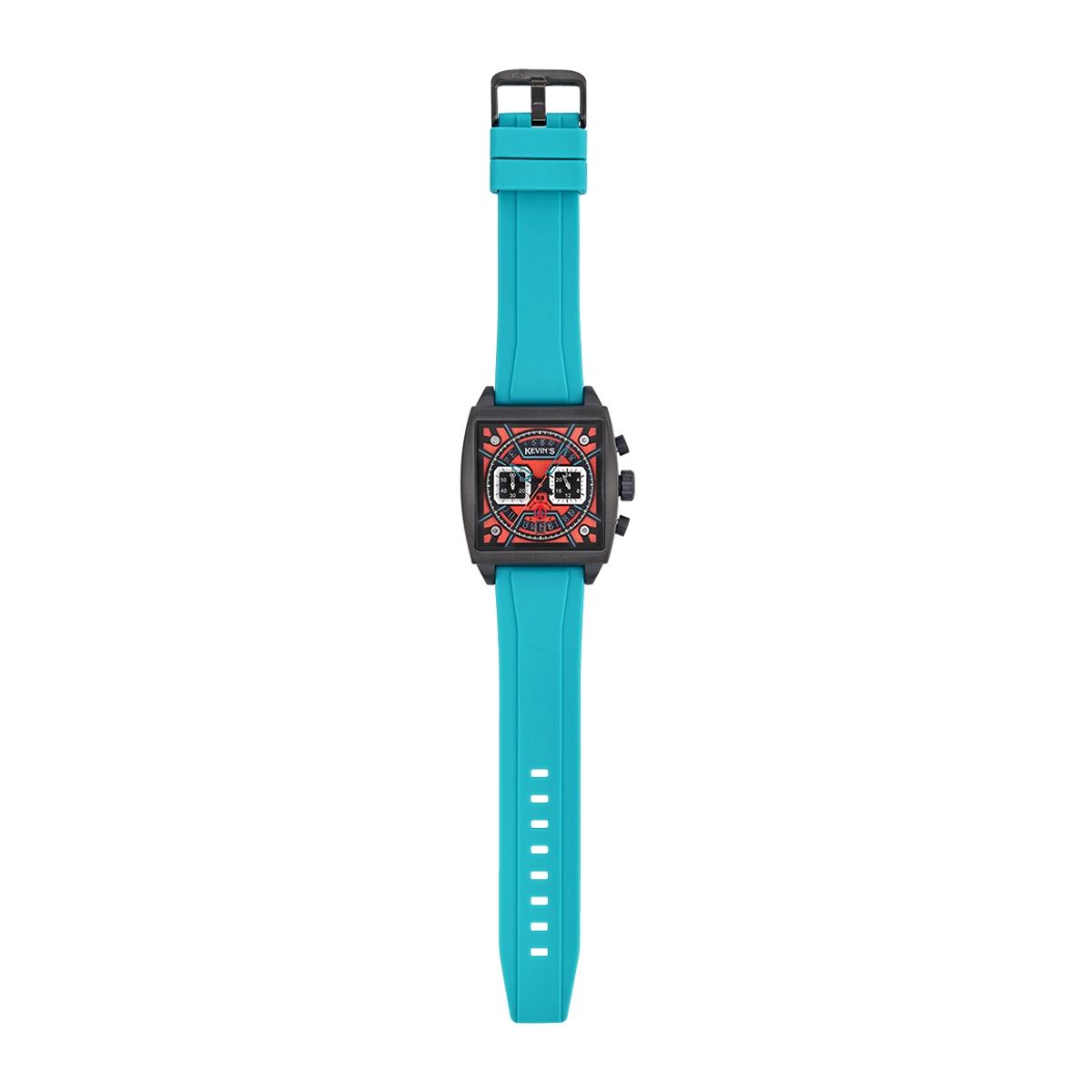 Reloj Kevins analogo, para Hombre, tablero cuadrado colores rojo y verde, estilo index, pulso silicona color azul, calendario, cronografo