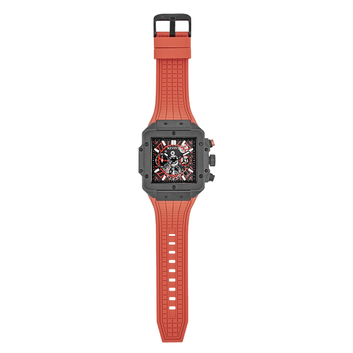 Reloj Kevins analogo, para Hombre, tablero cuadrado colores negro y naranja, estilo index, pulso silicona color naranja, calendario, cronografo