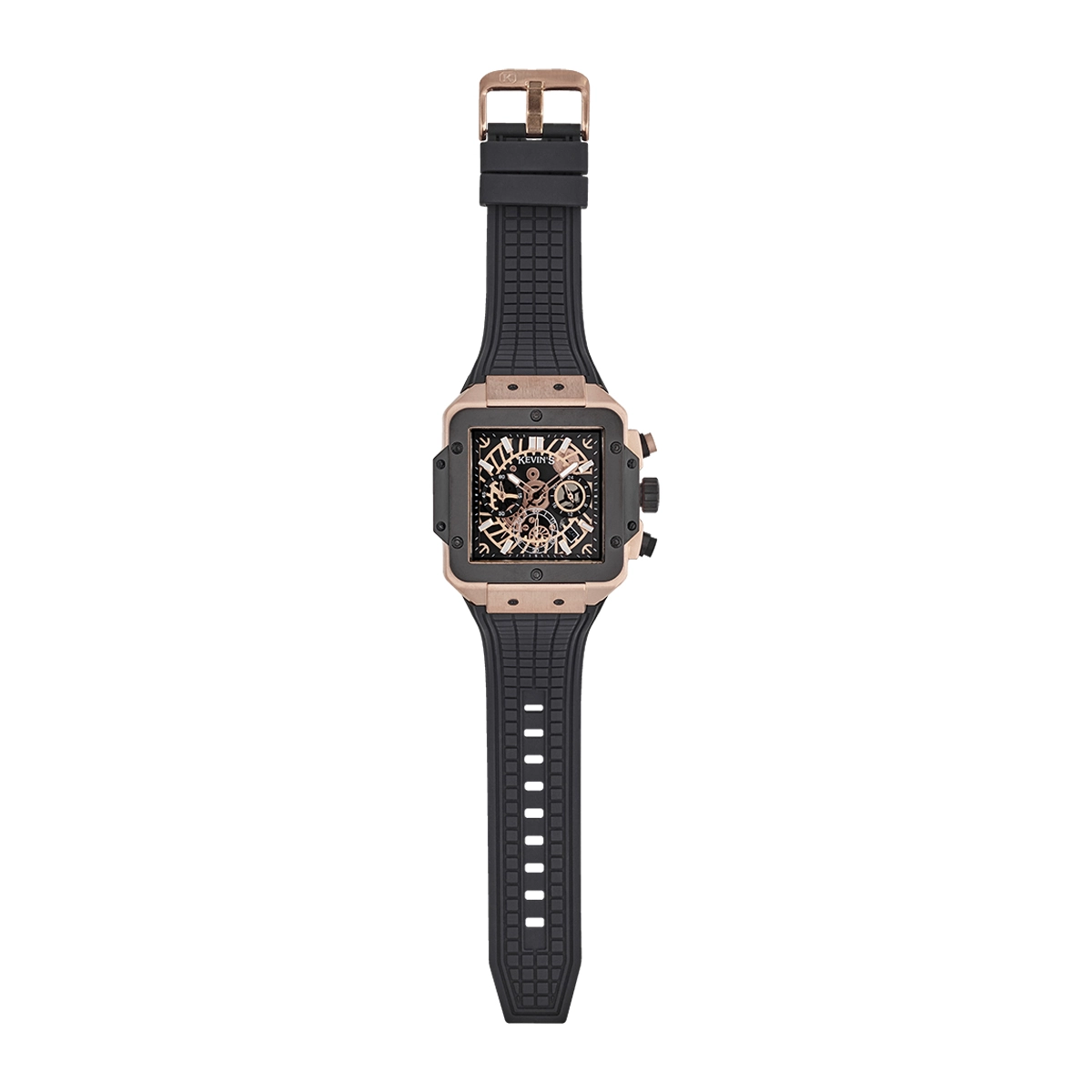 Reloj Kevins analogo, para Hombre, tablero cuadrado colores negro y rosa, estilo index, pulso silicona color negro, calendario, cronografo
