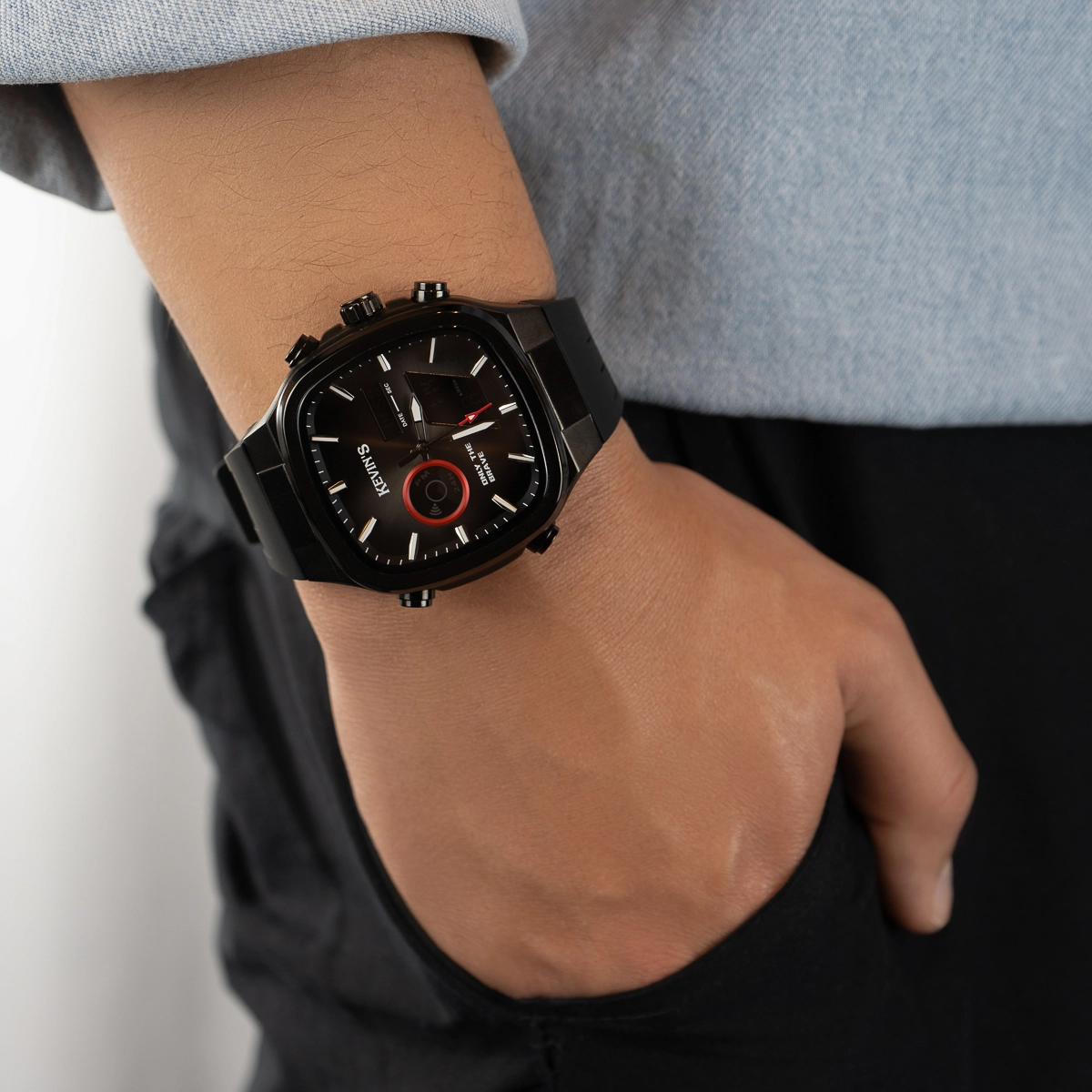 Reloj Kevins analogo y digital, para Hombre, tablero cuadrado colores negro y rojo, estilo index, pulso silicona color negro, calendario