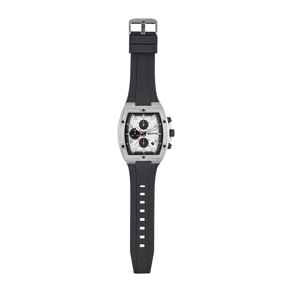 Reloj Kevins analogo, para Hombre, tablero rectangular colores plateado y negro, estilo index, pulso silicona color negro, calendario, cronografo