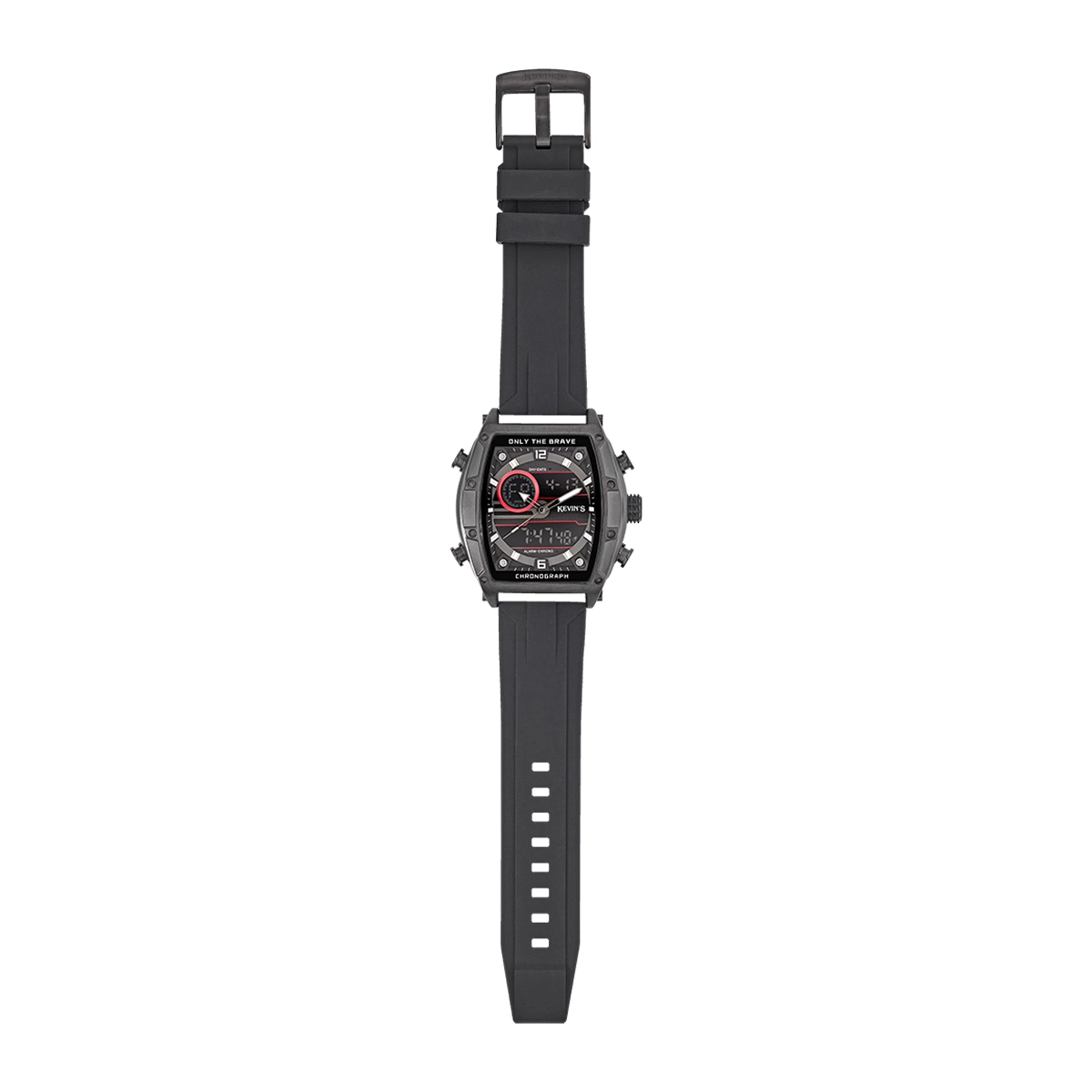 Reloj Kevins analogo y digital, para Hombre, tablero rectangular colores negro y rojo, estilo index + arabigo, pulso silicona color negro, calendario