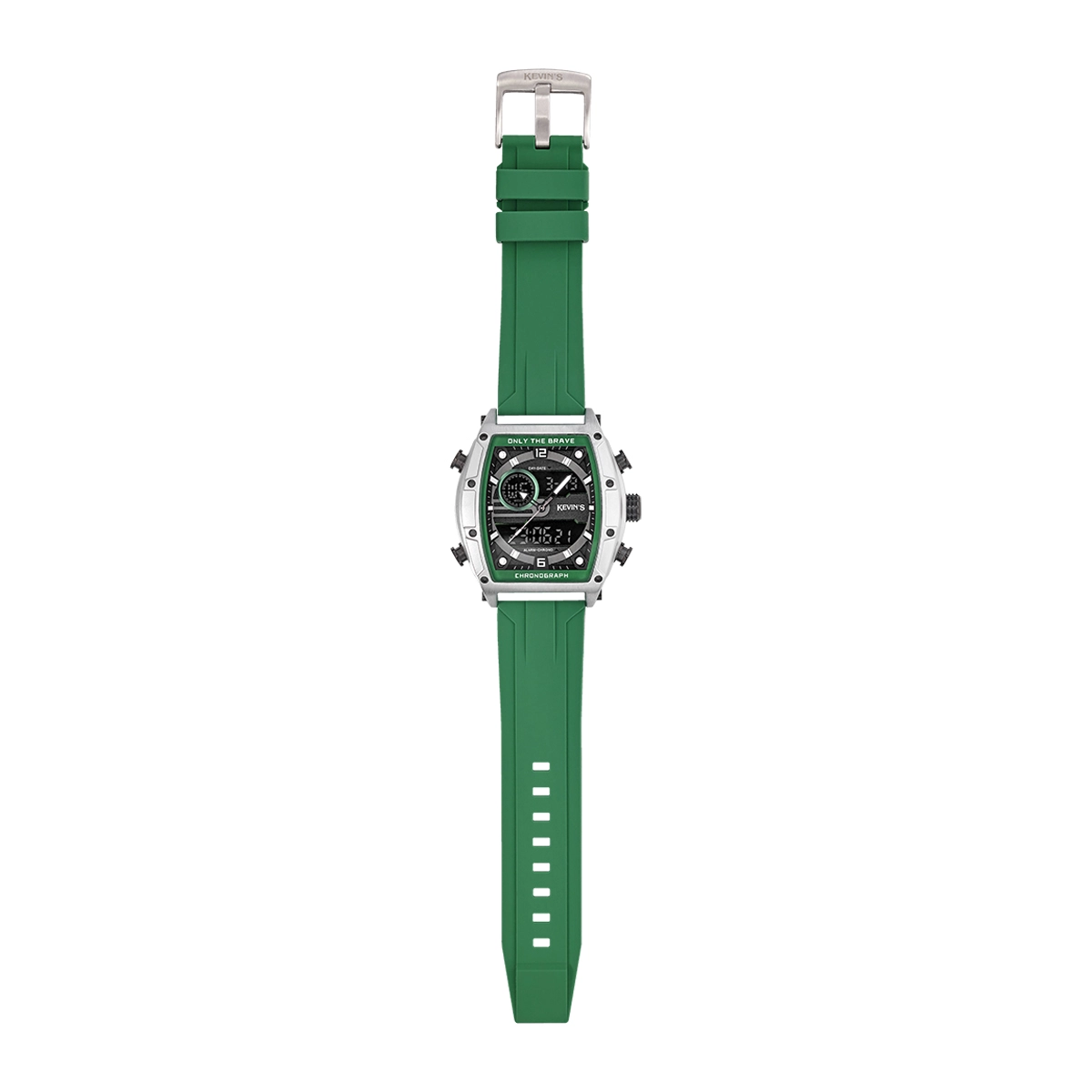 Reloj Kevins analogo y digital, para Hombre, tablero rectangular colores negro y verde, estilo index + arabigo, pulso silicona color verde, calendario