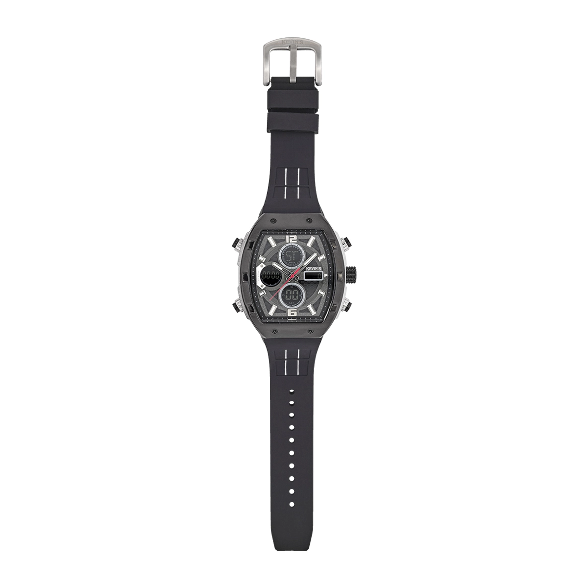 Reloj Kevins analogo y digital, para Hombre, tablero rectangular colores negro y gris, estilo index + arabigo, pulso silicona color negro, calendario