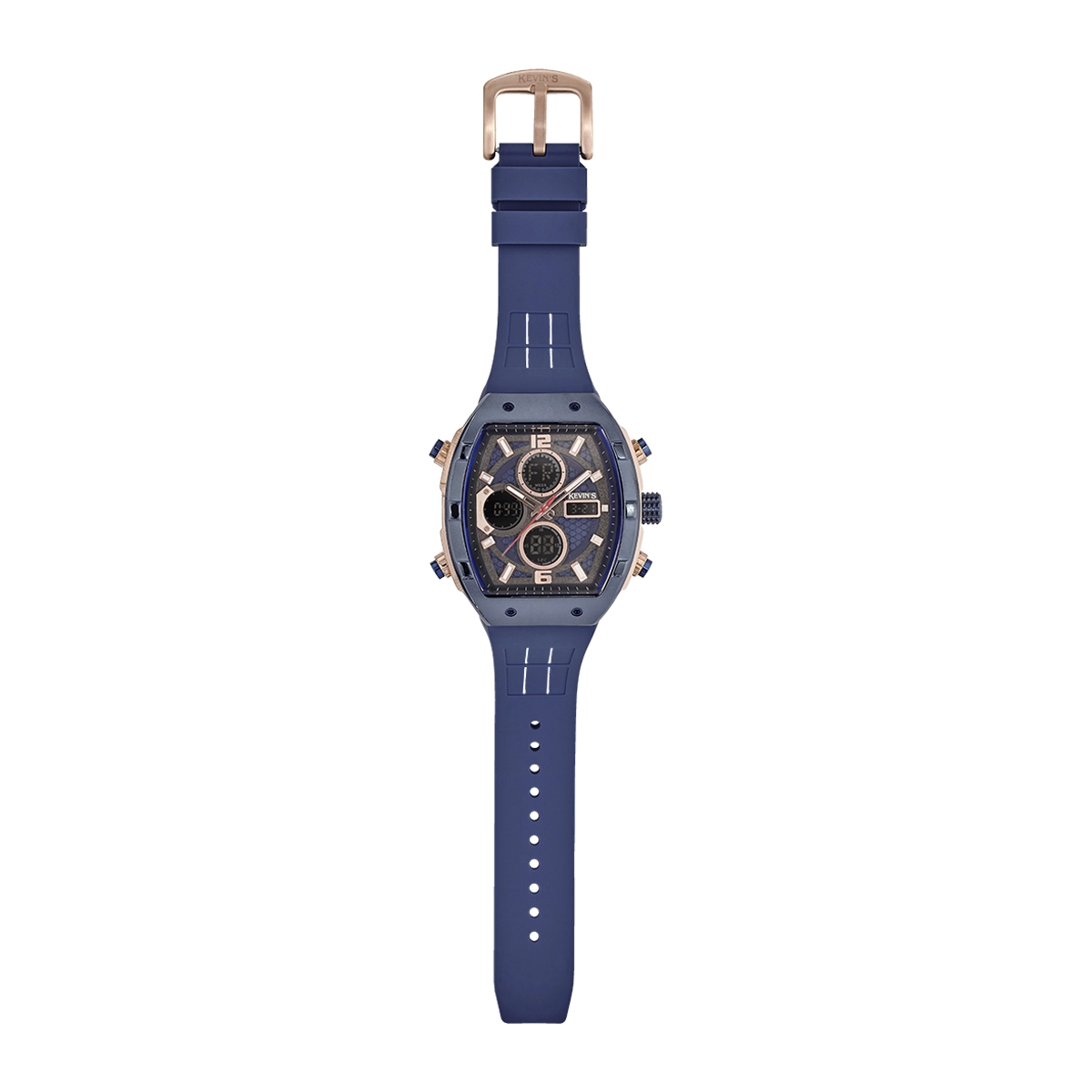 Reloj Kevins analogo y digital, para Hombre, tablero rectangular colores azul y rosa, estilo index + arabigo, pulso silicona color azul, calendario