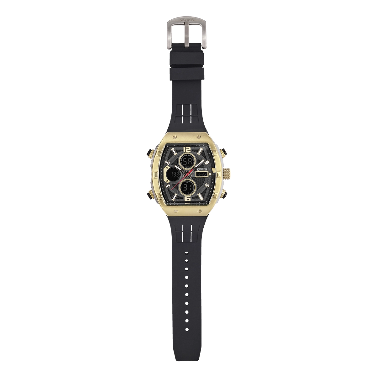 Reloj Kevins analogo y digital, para Hombre, tablero rectangular colores gris y dorado, estilo index + arabigo, pulso silicona color negro, calendario