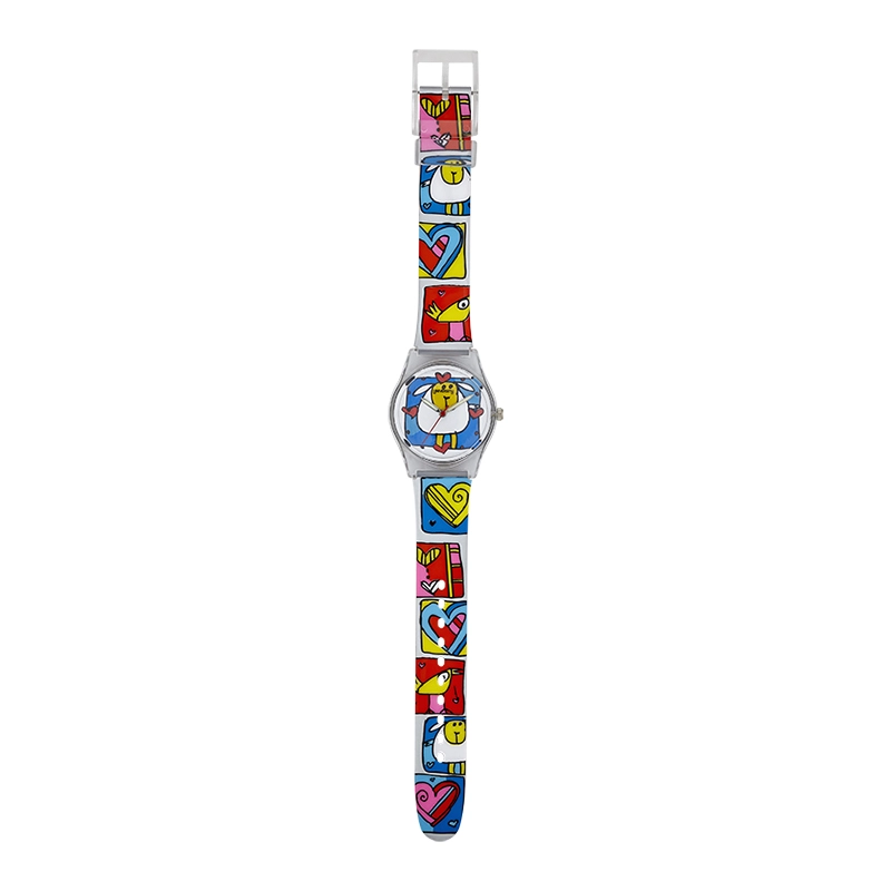 Reloj Reloj university analogo, para Mujer niña, tablero redondo colores blanco, azul, rojo y amarillo, estilo puntos, pulso plastico color blanco