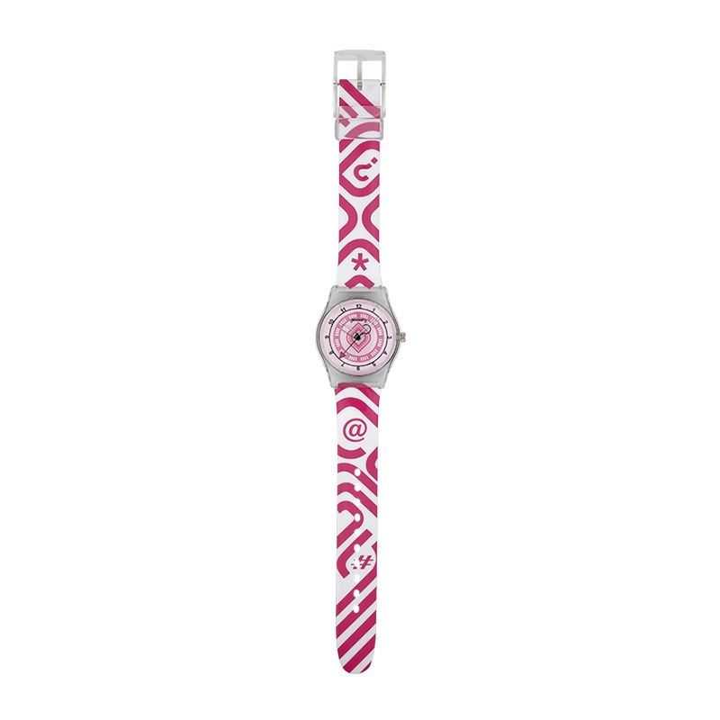 Reloj Reloj university analogo, para Mujer niña, tablero redondo colores rosado y rosado, estilo arabigos, pulso plastico colores blanco y rojo