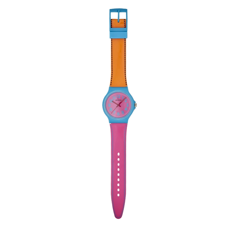 Reloj Reloj university analogo, para Mujer niña, tablero redondo colores fucsia y azul, estilo arabigos, pulso plastico colores naranja y rosado