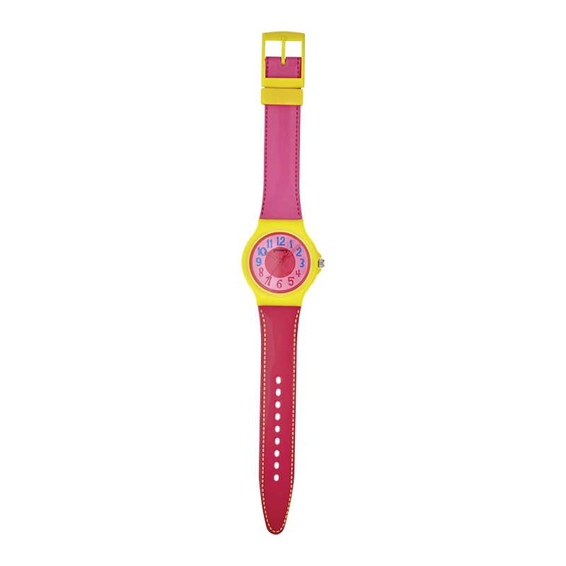 Reloj Reloj university analogo, para Mujer niña, tablero redondo colores amarillo, rojo y rosado, estilo arabigos, pulso plastico colores rojo y rosado