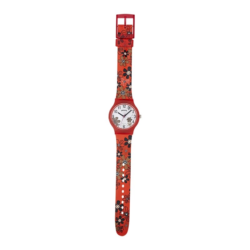 Reloj Reloj university analogo, para Mujer niña, tablero redondo colores blanco y café, estilo arabigos, pulso plastico color rojo
