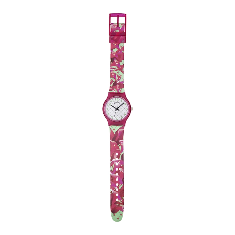 Reloj Reloj university analogo, para Mujer niña, tablero redondo colores blanco y verde, estilo arabigos, pulso plastico color fucsia