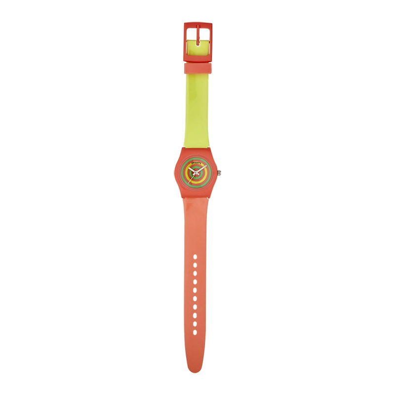 Reloj Reloj university analogo, para Mujer niña, tablero redondo colores verde, rosado y amarillo, estilo sin numeros, pulso plastico colores amarillo y rosado