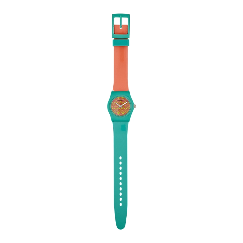 Reloj Reloj university analogo, para Mujer niña, tablero redondo colores rosado y amarillo, estilo sin numeros, pulso plastico colores rosado y verde