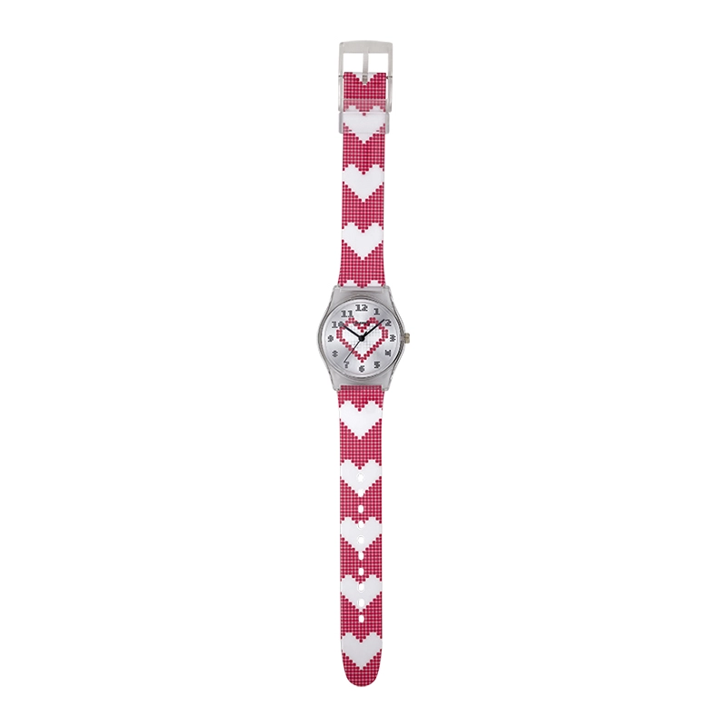 Reloj University analogo, para Mujer niña, tablero redondo colores gris, rojo y blanco, estilo arabigos, pulso plastico colores naranja, rojo y blanco