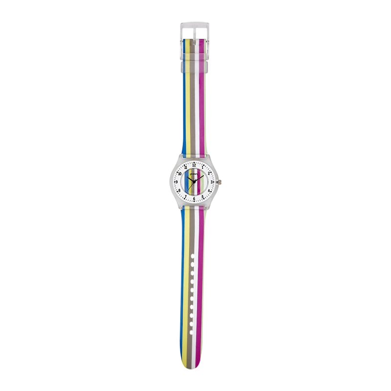 Reloj Reloj university analogo, para Mujer niña, tablero redondo colores blanco, azul, amarillo, café y rosado, estilo arabigos, pulso plastico color blanco