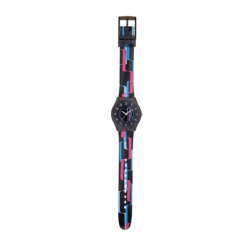 Reloj Reloj university analogo, para Mujer niña, tablero redondo colores negro, azul y rosado, estilo arabigos, pulso plastico color negro