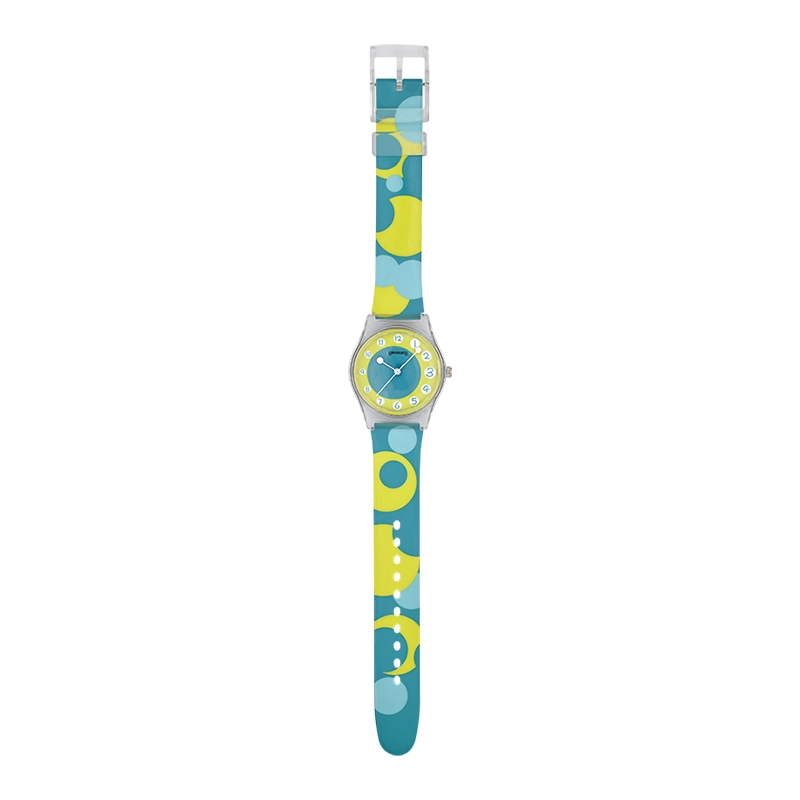 Reloj Reloj university analogo, para Mujer niña, tablero redondo colores amarillo y verde, estilo arabigos, pulso plastico color verde
